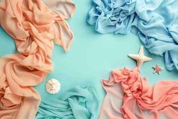 A vibrant arrangement of soft fabrics in pastel colors with starfish and seashells, evoking a...