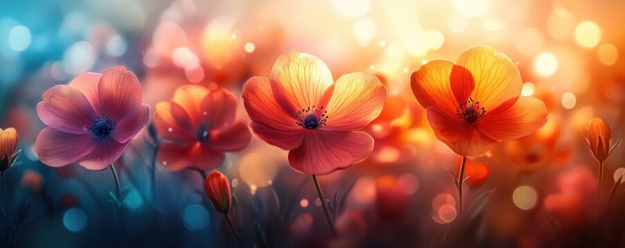 Vibrant Abstract Watercolor Floral Background with Colorful Flowers and Bokeh Effect - Powered by Adobe