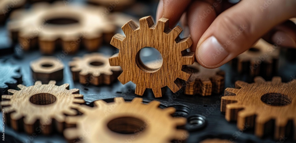 Fototapete workflow automation process management with wooden gears and flowchart on white background
