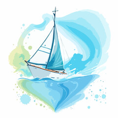Fototapeta premium sailing boat on the sea abstract nautical watercolor artwork design blue sky