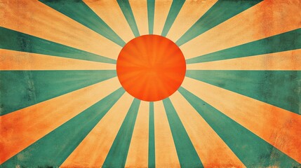 A vintage-style illustration featuring a bold central sun surrounded by radiating rays in vibrant orange and turquoise colors, evoking warmth and energy.