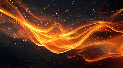 Dynamic swirling fiery light trails in cosmic space with glowing particles and energetic, vivid orange and yellow waveforms