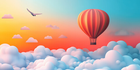 Naklejka premium Hot air balloon adventure over colorful clouds at sunset aerial view travel photography serene environment