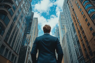 Young Japanese Businessman in Suit Running with Bag against City Skyline