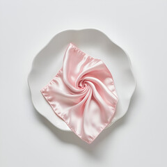 Elegant pink silky kerchief beautifully arranged on a white scalloped plate, presented against a white surface.