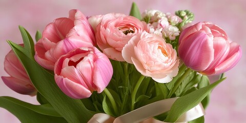 Obraz premium Pink tulips and ranunculus bouquet with pink background for floral design
