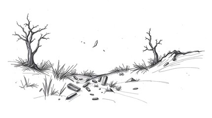 Bleak Landscape Drawing: Bare Trees, Scattered Debris