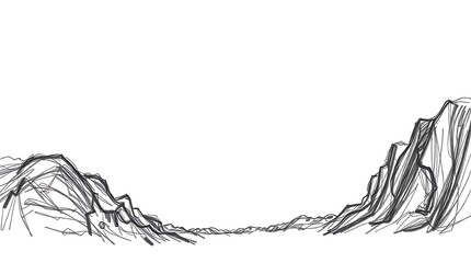 Sketchy Mountain Landscape Drawing, Black and White Art