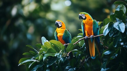 Two vibrant macaw parrots perched on lush green branches, showcasing their brilliant colors against a blurred natural backdrop, symbolizing wildlife beauty. © 24DIY
