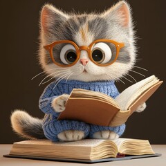 Reading cat wearing eyeglasses and sweater sits on an open book in a warm, inviting atmosphere