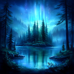 Forest Reflections Under Aurora Borealis Illuminated Sky a Breathtaking Nature Scene at Night.