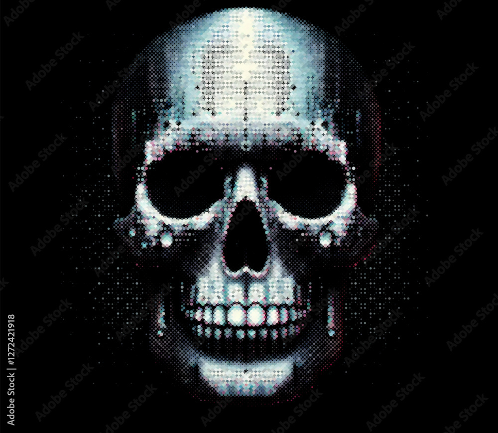 Aufkleber Digital skull illustration features pixelated, glitch-style effects on a dark background. It uses colorful gradients, evoking a cyberpunk feel and symbolizing hacking and digital infiltration.