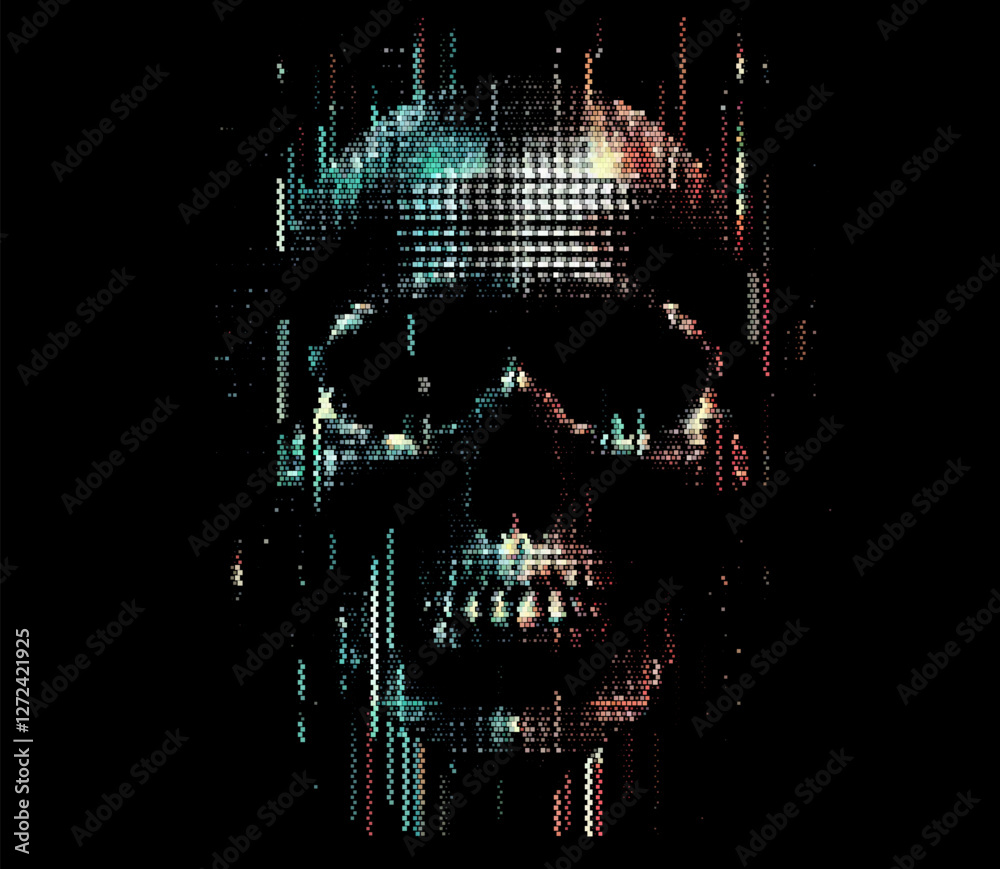 Aufkleber Digital skull illustration features pixelated, glitch-style effects on a dark background. It uses colorful gradients, evoking a cyberpunk feel and symbolizing hacking and digital infiltration.