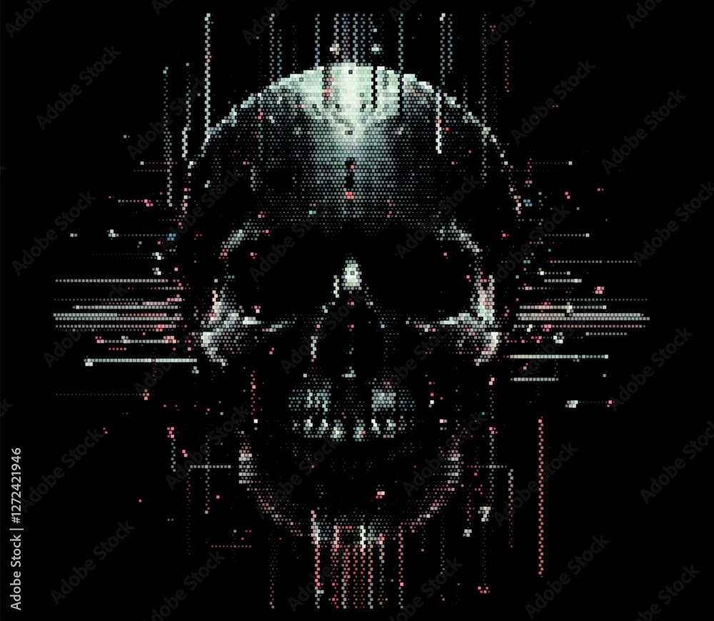 Aufkleber Digital skull illustration features pixelated, glitch-style effects on a dark background. It uses colorful gradients, evoking a cyberpunk feel and symbolizing hacking and digital infiltration.