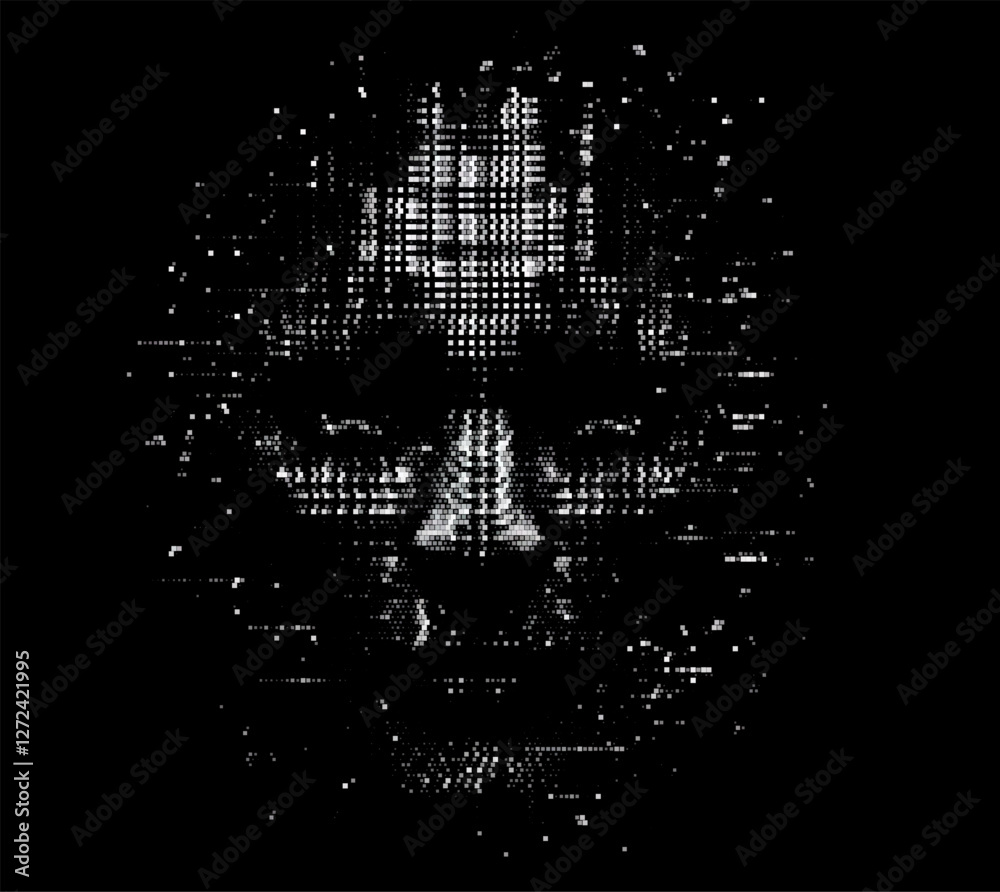Aufkleber pixelated face emerges from a dark background in this vector illustration. the glitch effect conveys