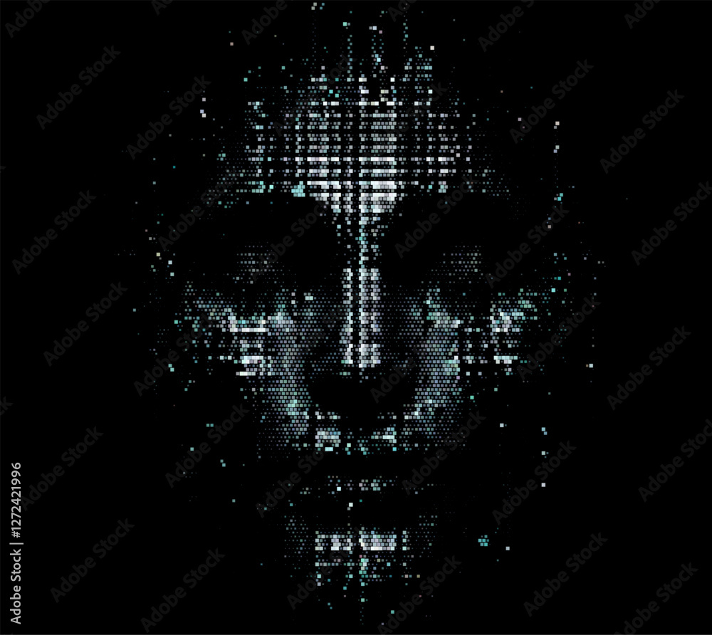 Aufkleber Pixelated face emerges from a dark background in this vector illustration. The glitch effect conveys a digital, mysterious, and tech-driven atmosphere, symbolizing hacking and cyber presence.