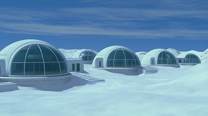 Futuristic Antarctic Research Station Domes Covered with Snow under a Clear Bright Blue Sky.