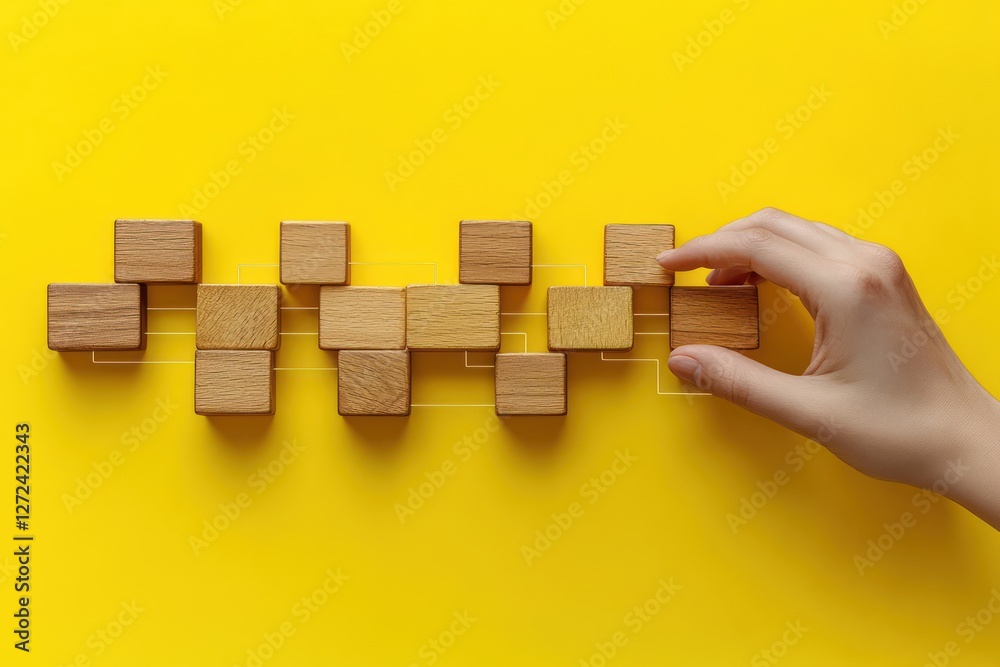 Fototapete Workflow Automation Process Management with Flowchart and Wooden Blocks on Yellow Background