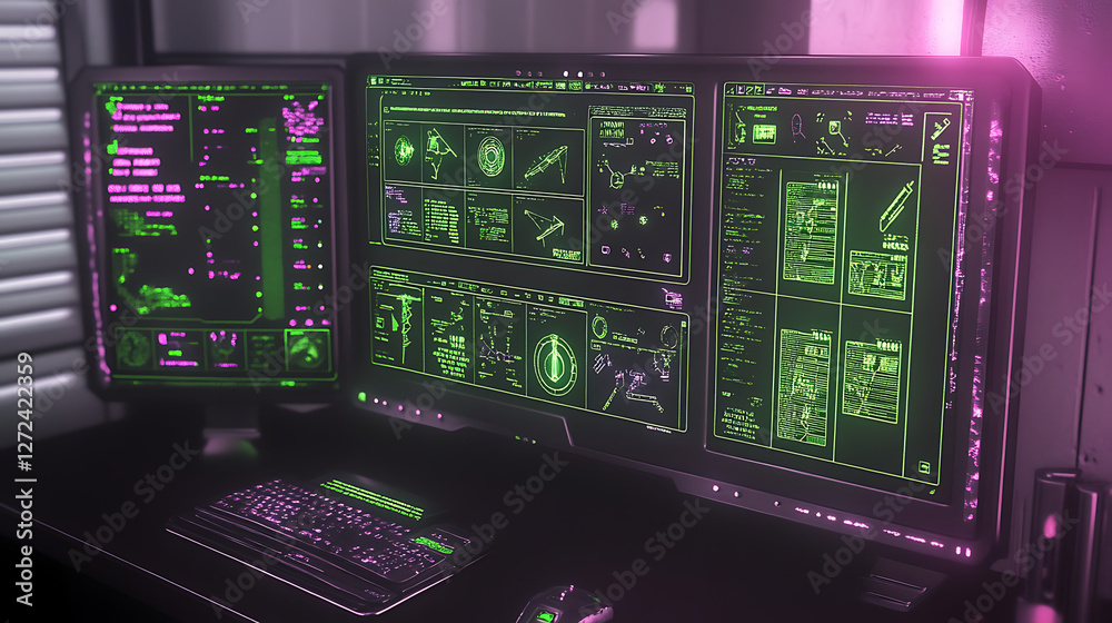Poster futuristic computer station with green and pink illuminated display screens and input devices.