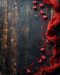 Red hearts on rustic wood with fabric and red sprinkles for Valentine's Day blog or greeting