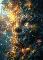 Whimsical Tree Creature Surprised Expression Fantasy Watercolor Illustration with Playful Mushrooms