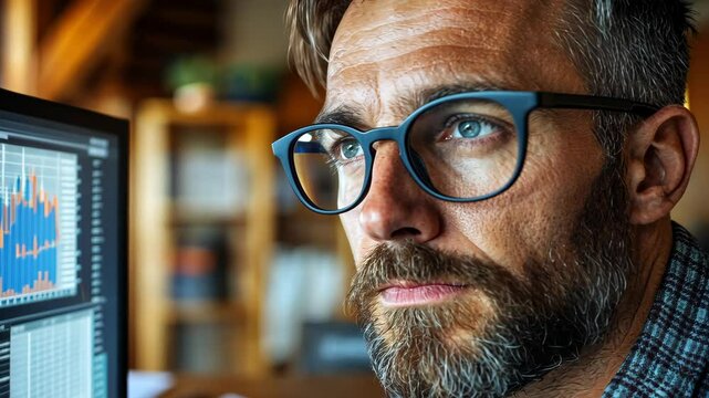 Focused analysis on business data in a modern workspace by a man with glasses during daylight