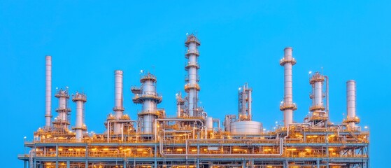 Obraz premium Refinery complex at dusk under a blue sky for energy production concepts
