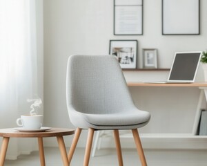 Relaxing chair with coffee break near laptop in bright work at home office, for interior decor