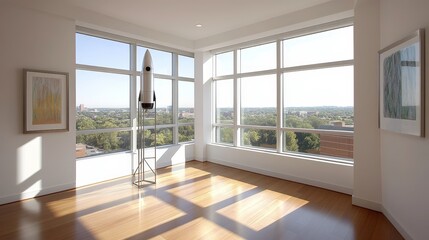 Fototapeta premium Rocket in sunlit room, cityscape background. Art, design, or aspiration concepts