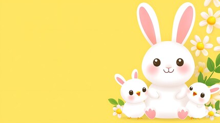 Obraz premium Cute Cartoon Bunnies with Flowers on Yellow Background for Kids