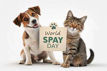 Dog and Cat with World Spay and Neuter Awareness Month sign