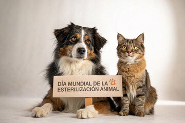 Perro y Gato con letrero del Día Mundial de la Esterilización Animal