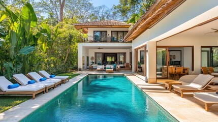 High-end private villa, sparkling pool, comfortable sun loungers, tropical landscape, ultimate relaxation. No people no text