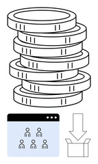 Stack of coins symbolizes wealth, web interface highlights networking, and box with arrow implies delivery or distribution. Ideal for finance, networking, e-commerce, investments, supply chain