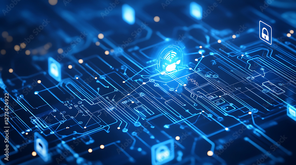 Poster glowing digital network infrastructure for secure data communication and cyber security system.