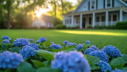 Charming house with lush green lawn, purple hydrangeas in foreground, sunny morning