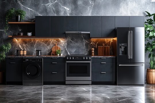 Modern Kitchen Appliances Showcase Including Dishwasher Oven Microwave Refrigerator Vacuum Cleaner and Washing Machine - Powered by Adobe