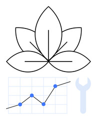 Minimalist leaf, upward graph with dots, wrench for tools combined for growth, analytics, eco-sustainability, wellness, strategy, repair solutions abstract line flat metaphor