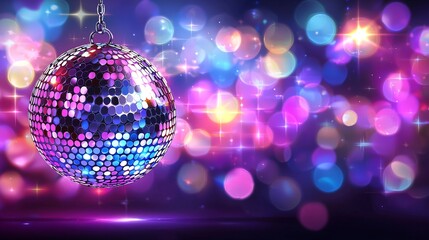 Disco ball hanging, party lights, vibrant background, celebration