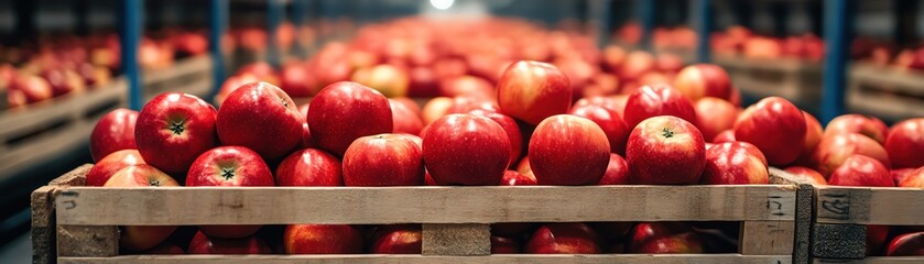 Crates of red apples in a large warehouse, neatly stacked, bright and fresh