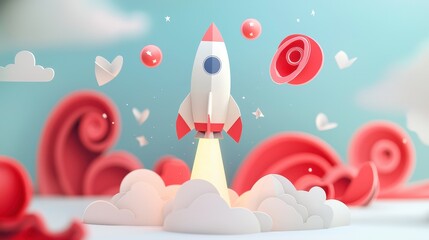 Rocket launching, surrounded by clouds and abstract shapes, symbolizing innovation, growth, success