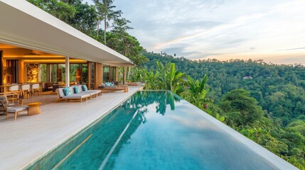 Fototapeta premium Luxury escape with infinity pool, modern terrace furniture, lush greenery, exotic getaway. No people no text