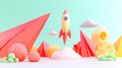 Rocket taking off in a colorful landscape; concept for ambition and innovative start-up