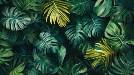 Lush green tropical leaves background, vibrant monstera and palm foliage. Perfect for summer designs, travel brochures, or nature-themed projects.