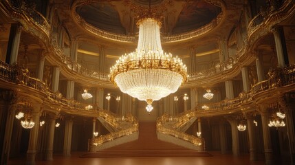 Obraz premium Majestic chandelier adorned with crystals, warm lighting creating a luxurious ambiance. No people, no text.