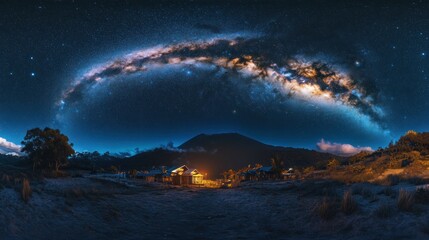 Majestic Milky Way galaxy arching over a tranquil night scene with illuminated huts nestled in a mountainous landscape.