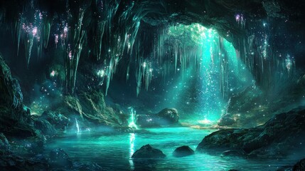 Obraz premium Enchanting underwater cave with glowing crystals and magical light.