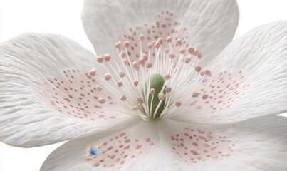 Obraz premium Close-up of a delicate white flower with pink speckles and intricate details against a soft background
