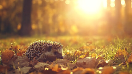 Fototapeta premium Hedgehog Foraging Amidst Golden Leaves Under Glimmering Sunlight in Autumn Tranquility Landscape.