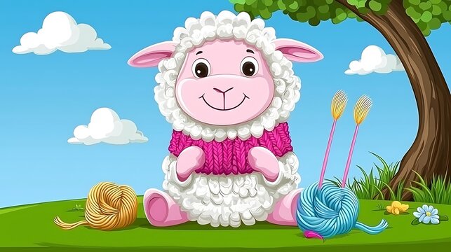 Cute Cartoon Sheep Knitting on Green Grass with Blue Sky Background